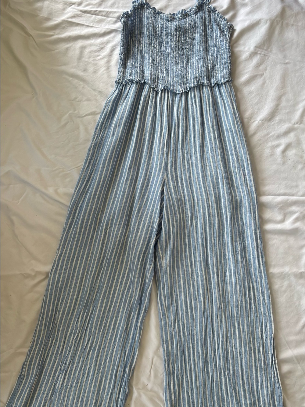 H&M Light Blue and White Striped Smocked Wide-Leg Jumpsuit